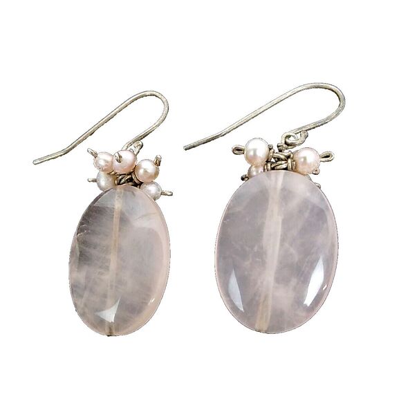 Rose Quartz Pink Cluster Pearl Oval Sterling Silver Drop Hook Earrings - Picture 1 of 3